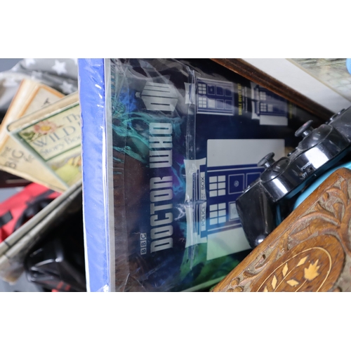 849 - Two Box Mixed Lot to include King Size Dr Who Duvet, Wooden Trinket Box, Meerkat, Large Cutlery Tray... 