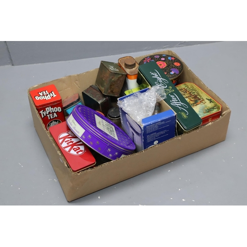 856 - Box to include Vintage Tins and Vintage Lightbulbs. Includes Military Tin