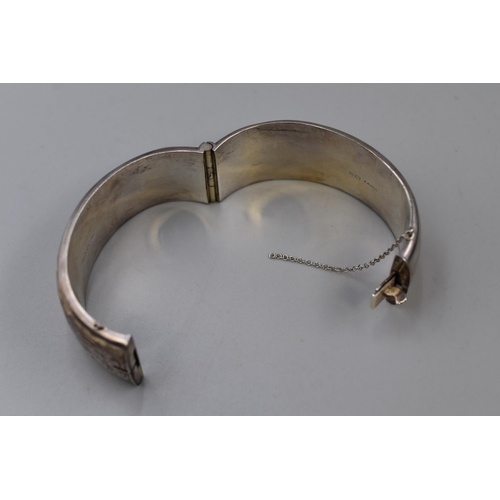 1 - A Hallmarked Chester Etched Silver Bangle, With Safety Chain (Broken). In Presentation Box