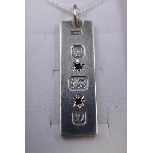 15 - Hallmarked Silver Sheffield 1977 Ingot Pendant Necklace with 2 Blue Sapphires, on 30” Silver C... 