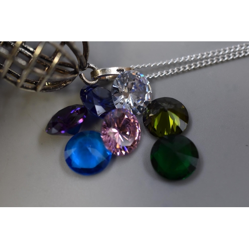 20 - Silver 925 Gemstone Cage Necklace on 30 inch chain. Includes Moissanite 5ct 12mm x 7 Purple, Clear, ... 