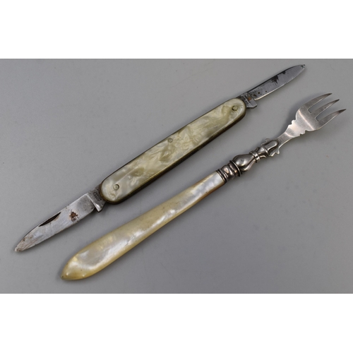 33 - Unstamped Silver Mother Of Pearl Handled Pickle Fork and a Joseph Rodgers Pocket Fruit Knife