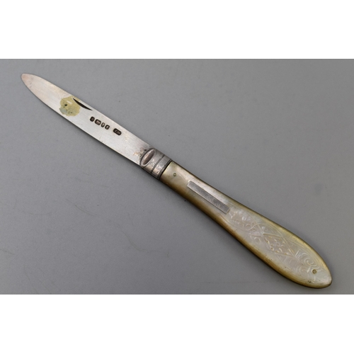 36 - Vintage Sterling Silver Stamped Mother Of Pearl Handled Pocket Fruit Knife.