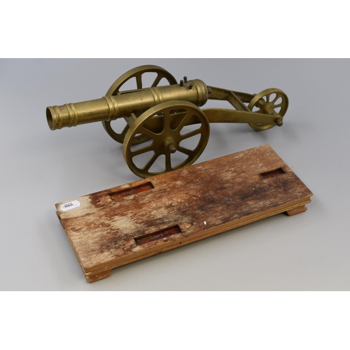 361 - Heavy Brass Cannon sitting on Wooden Plinth (14