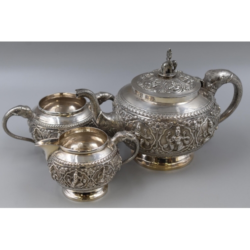 44 - Antique South East Asian Silver plated Elephant Themed Tea Service Teapot, Sugar Bowl and Milk Jar w...