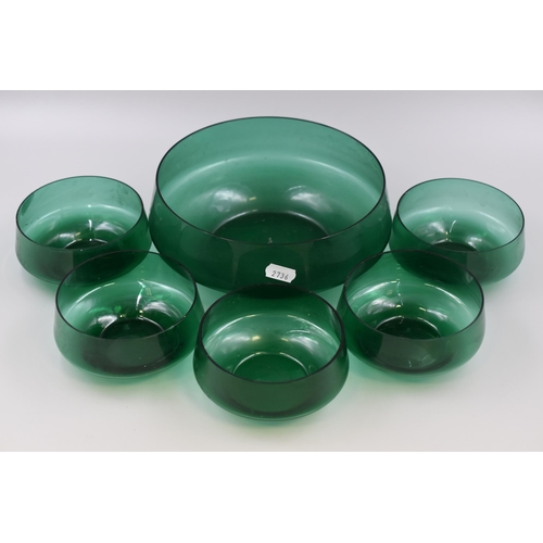 498 - A Green Glass Serving Bowl, With A Set of Five Matching Green Glass Bowls. Serving Bowl Has Approx 8... 