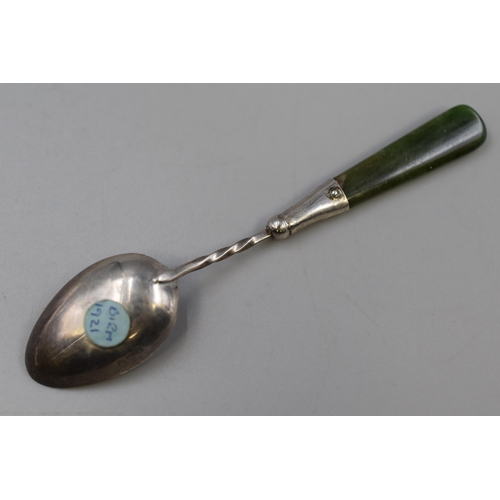 47 - Antique 1921 Birmingham Silver Hallmarked Sugar Spoon with Jade Handle