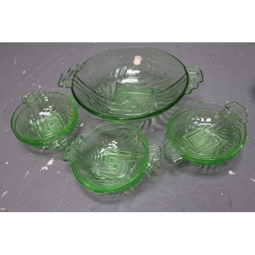 378 - A Selection of Art Deco Style Green Glass To Include Uranium Glass Tray, Candle Holder, Trinket Dish... 