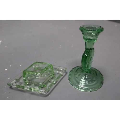 378 - A Selection of Art Deco Style Green Glass To Include Uranium Glass Tray, Candle Holder, Trinket Dish... 