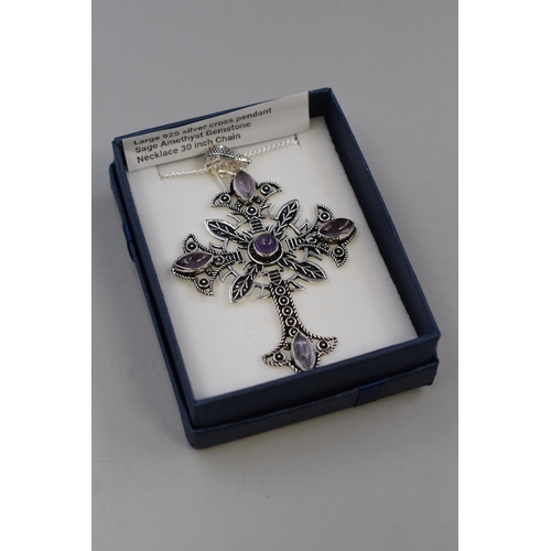 70 - Large Silver 925 Cross Pendant Necklace with Sage Amethyst Gemstone on 30 inch Chain. In Gift Box.