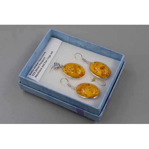 72 - Baltic Amber Silver 925 Pendant Necklace and Earring Set. Complete in Gift Box