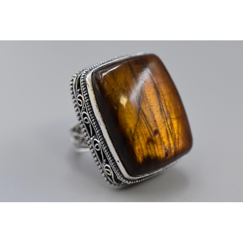 90 - Silver 925 Ring with Large Orange Labradorite Gemstone (Size S), in Gift Box.