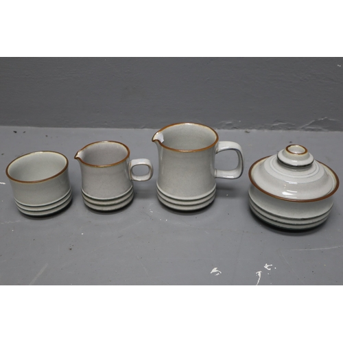 419 - 25 Pieces of Denby Fjord Pottery. Includes 3 Side Plates, 9 Saucers, 9 Cups, 1 Lidded Sugar/Preserve... 