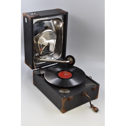 585 - Decca Model 33 Portable Gramophone with Spare Needles and Records (Working When Tested)