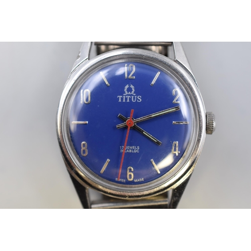 110 - Titus 217 Jewels Mechanical Blue Dial Gents Watch (Working)