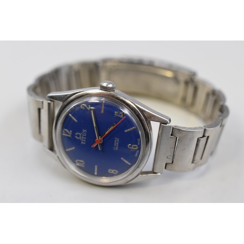 110 - Titus 217 Jewels Mechanical Blue Dial Gents Watch (Working)