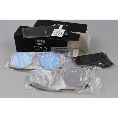 455 - Four pairs (2 per box) of mens sun glasses with blue and black lenses, brand new and boxed