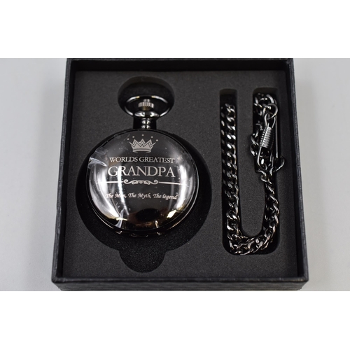 131 - Treeweto pocket watch in black with fob chain and inscription 