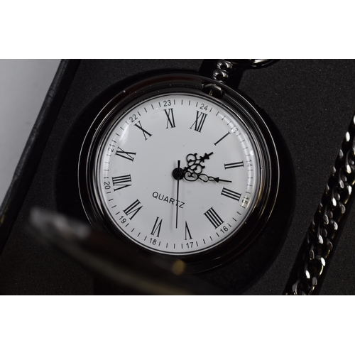 131 - Treeweto pocket watch in black with fob chain and inscription 