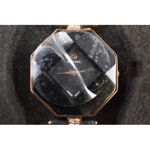 132 - Black Ladies watch by Strada (Working), Complete in Presentation Box