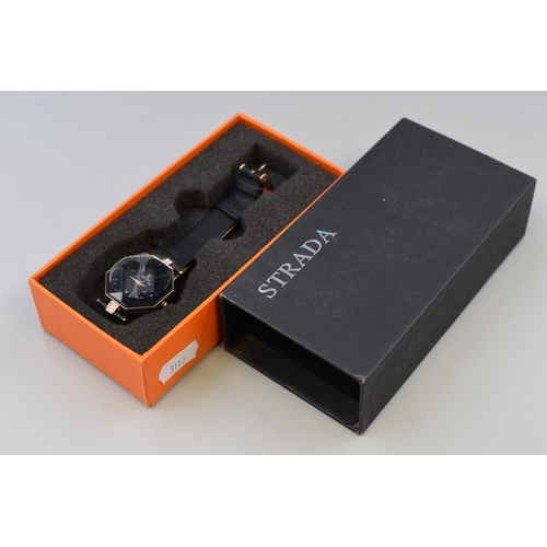 132 - Black Ladies watch by Strada (Working), Complete in Presentation Box