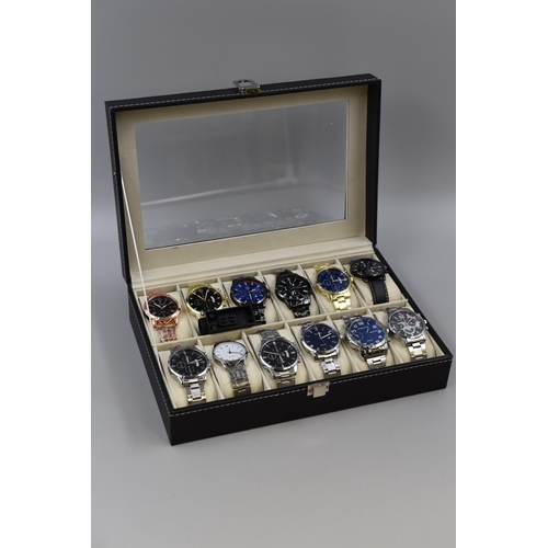 142 - Watch Box with Glass Display Top to include 12 New Watches, 11 Stainless Steel, 1 with Leather Strap... 