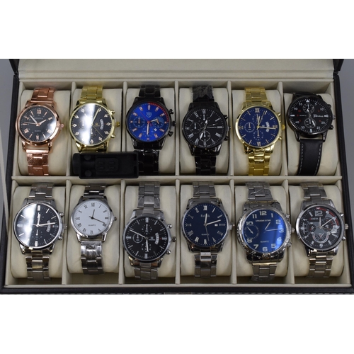 142 - Watch Box with Glass Display Top to include 12 New Watches, 11 Stainless Steel, 1 with Leather Strap... 