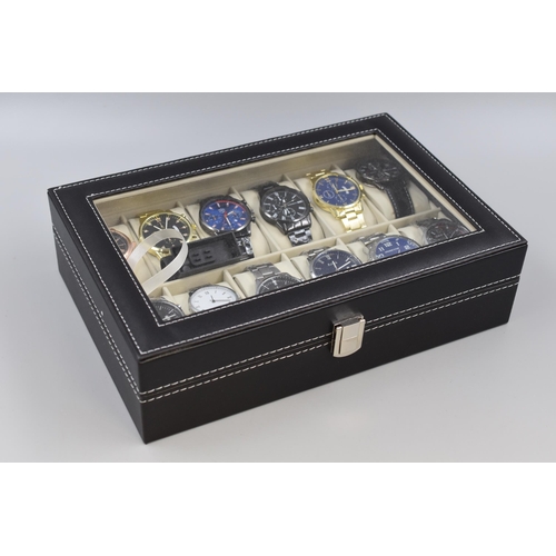 142 - Watch Box with Glass Display Top to include 12 New Watches, 11 Stainless Steel, 1 with Leather Strap... 