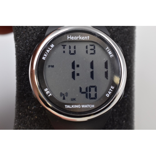 144 - Hearkent Speaking digital watch for blind or partially sighted people in silver with black strap wit... 