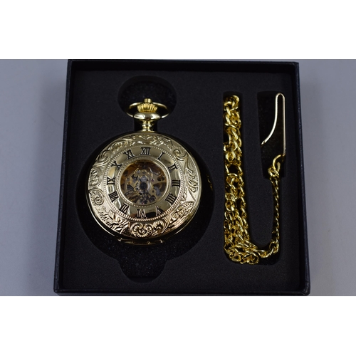 147 - Treeweto half hunter pocket watch with visible movement and fob chain, brand new and in presentation... 