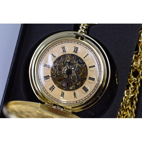 147 - Treeweto half hunter pocket watch with visible movement and fob chain, brand new and in presentation... 