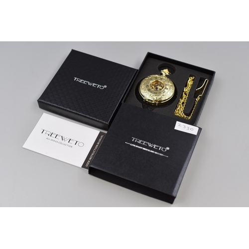 147 - Treeweto half hunter pocket watch with visible movement and fob chain, brand new and in presentation... 