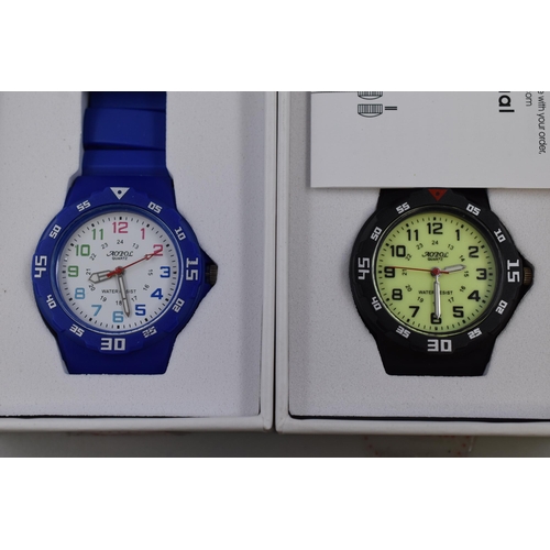 153 - Two kids watches, brand new and boxed, one in blue and one in black both in working condition.