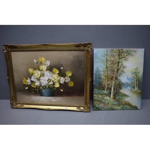 477 - Two Original Oil on Canvas Paintings To Include Alan T Floral and Sergio River Scene. Largest Approx... 