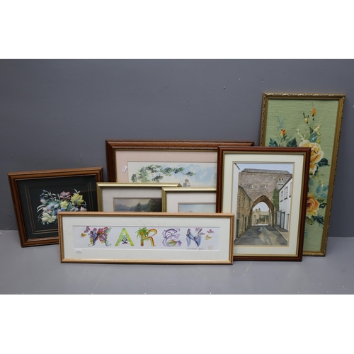 478 - A Selection of Seven Framed and Glazed Artpieces To Include 'Karen', Embroidery, June N Burrows, And... 