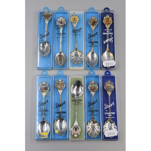 481 - Ten Stuart Silver Plated Crested Collectors Spoons in Cases