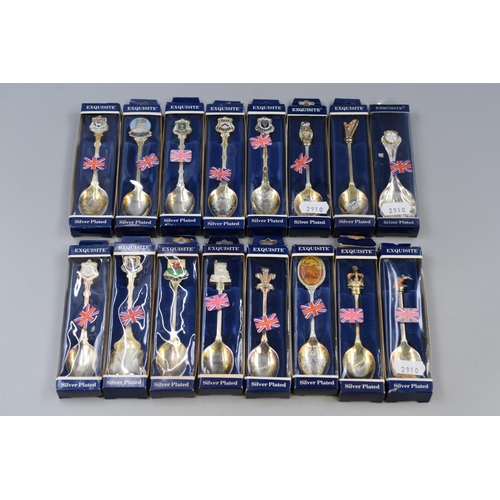 483 - Selection of 16 Exquisite Cased Crested Silver Plated Spoons