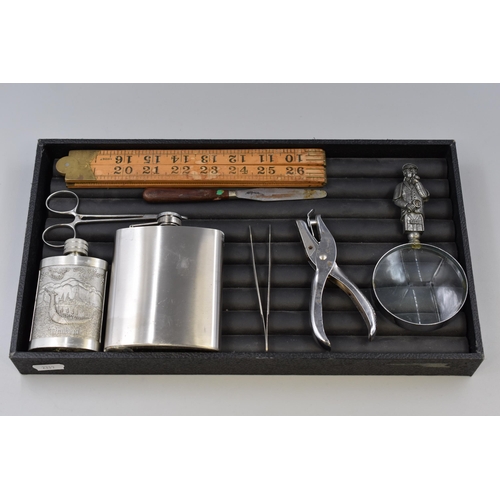 161 - Mixed Tray Including Magnifying Glass with Detective Handle, Thailand Flask, Single Hole Puncher and... 