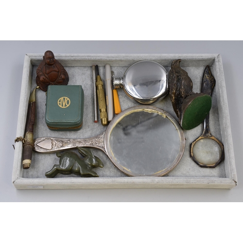 162 - Mixed Tray Including Flask, Handheld Mirror, Laughing Buddha and More