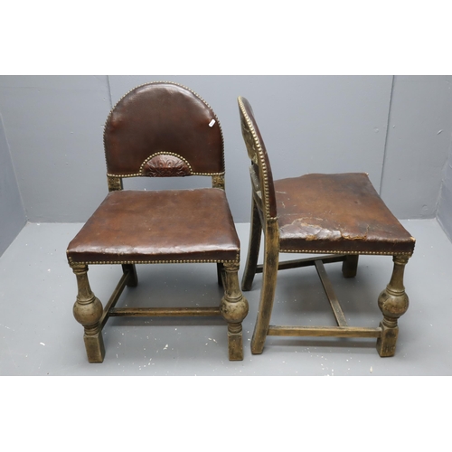 656 - Pair of Antique French Farmhouse Dinning Chairs with Oak frames, Leather Seating and Studded Fasteni... 