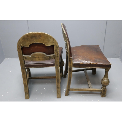 656 - Pair of Antique French Farmhouse Dinning Chairs with Oak frames, Leather Seating and Studded Fasteni... 