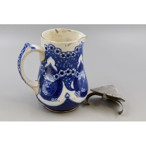 231 - Antique Fenton Warwic/Windsor Castle blue and White Water Jug complete with Original Metal Alloy Bal... 