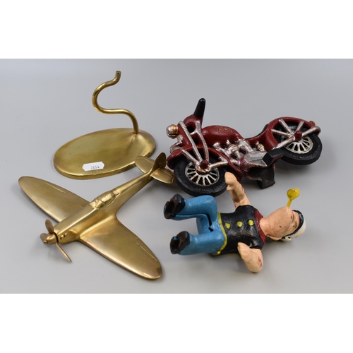 253 - Mixed Selection to include Metal Pop Eye Figure, Brass Spitfire on Stand and a Metal By Plane