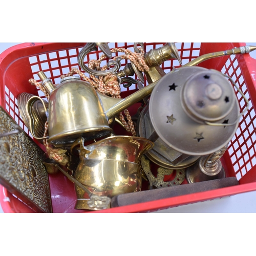 820 - Mixed Selection of Brass Items Including Candle Holders, Lamp, Oil Can and More