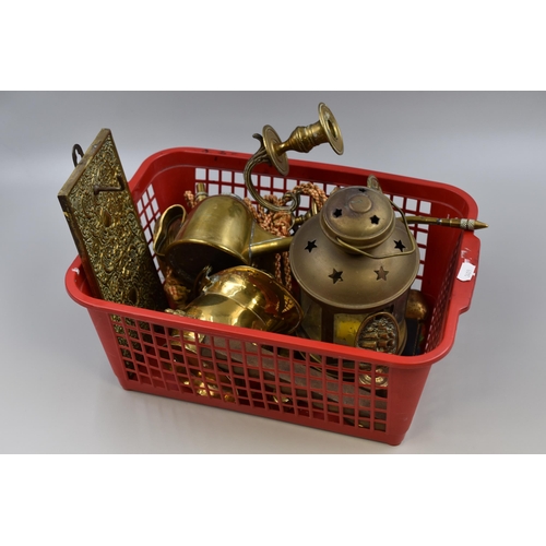 820 - Mixed Selection of Brass Items Including Candle Holders, Lamp, Oil Can and More