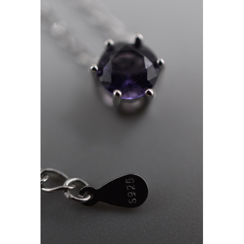 274 - Silver 925 February Birthstone Necklace with Purple Stone. Complete in Presentation Gift Box with Po... 