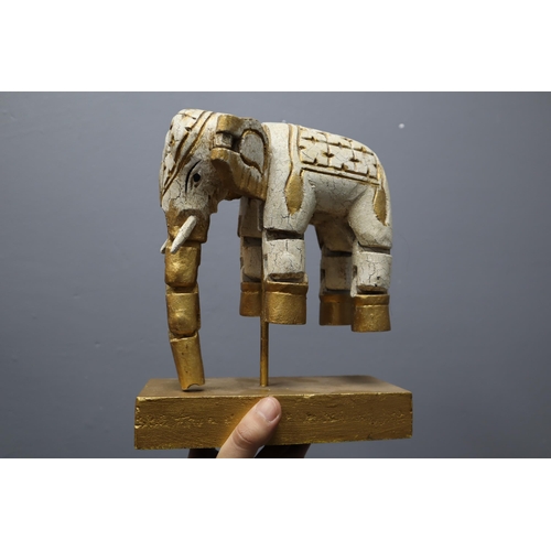 831 - Two Framed and Glazed Elephant Artpieces (One AF), With Two Wooden Elephants (One AF)