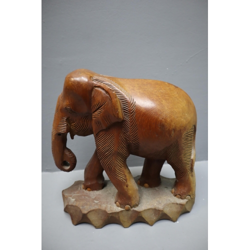 831 - Two Framed and Glazed Elephant Artpieces (One AF), With Two Wooden Elephants (One AF)