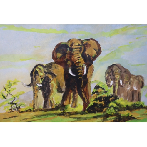 831 - Two Framed and Glazed Elephant Artpieces (One AF), With Two Wooden Elephants (One AF)