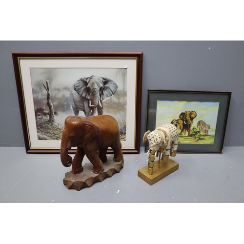 831 - Two Framed and Glazed Elephant Artpieces (One AF), With Two Wooden Elephants (One AF)